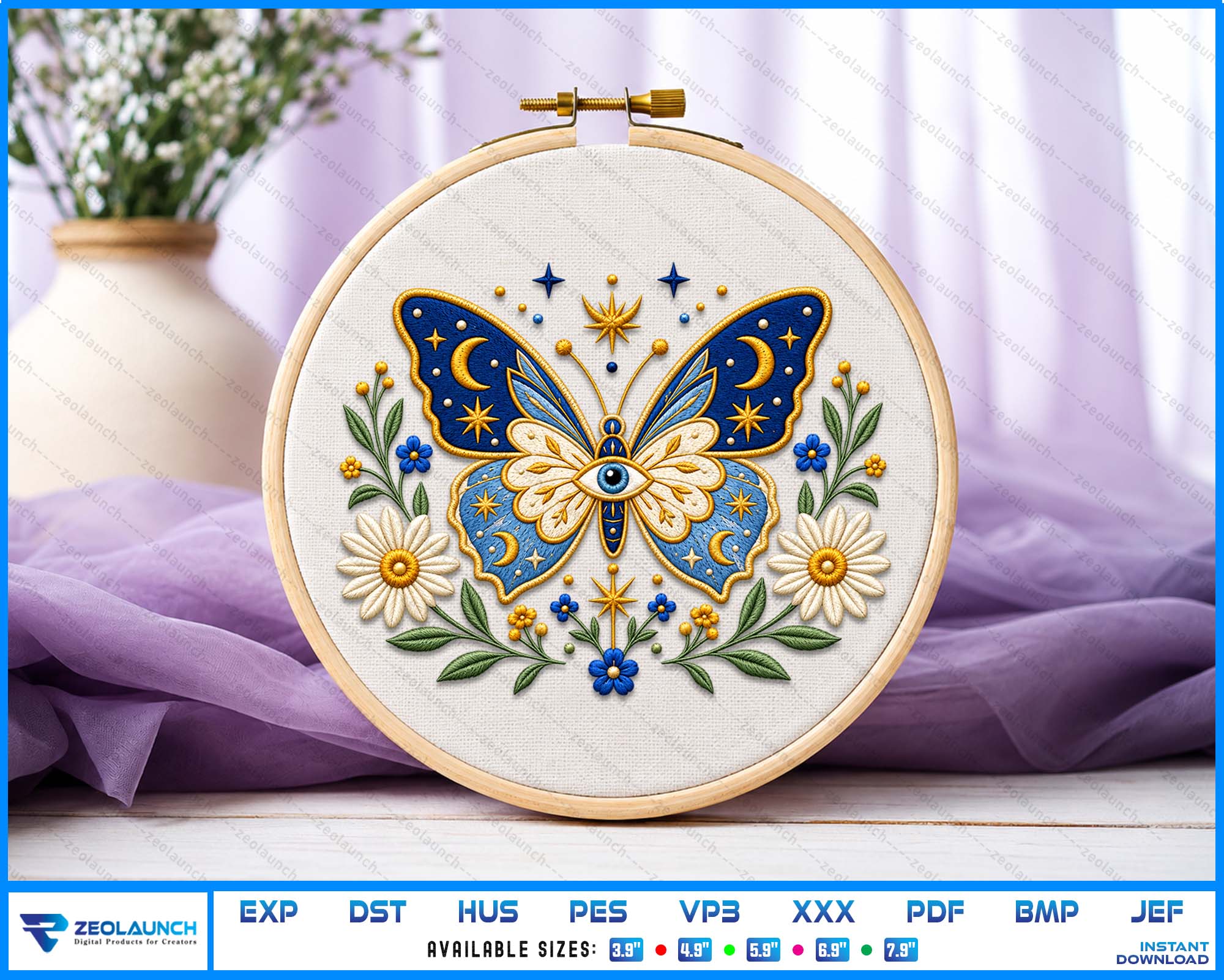 Celestial Butterfly Embroidery Design Mystic Floral Lunar Eye Digital Download alternate view