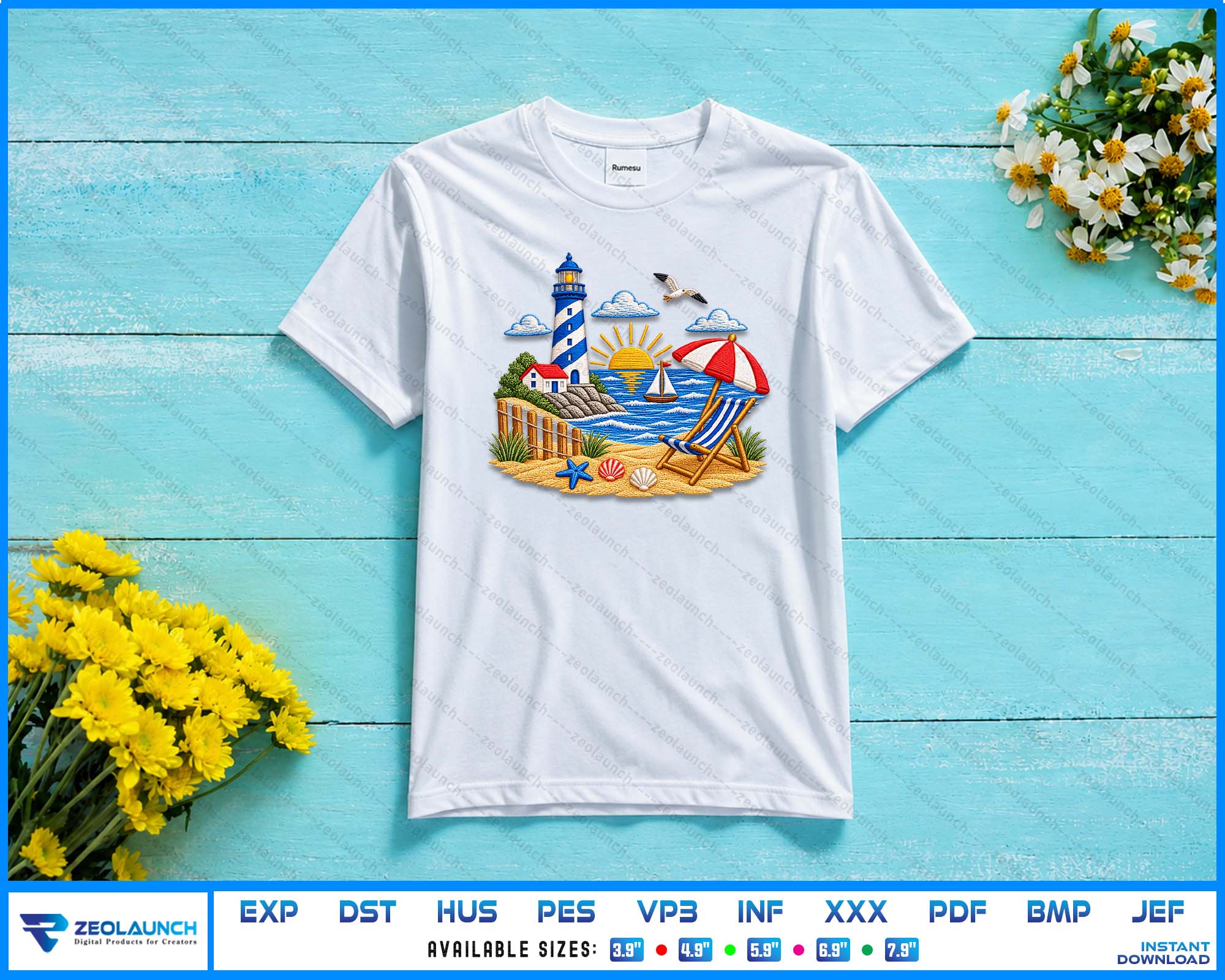 Coastal Lighthouse Beach Ocean Sunrise Waves Embroidery Digital Files alternate view