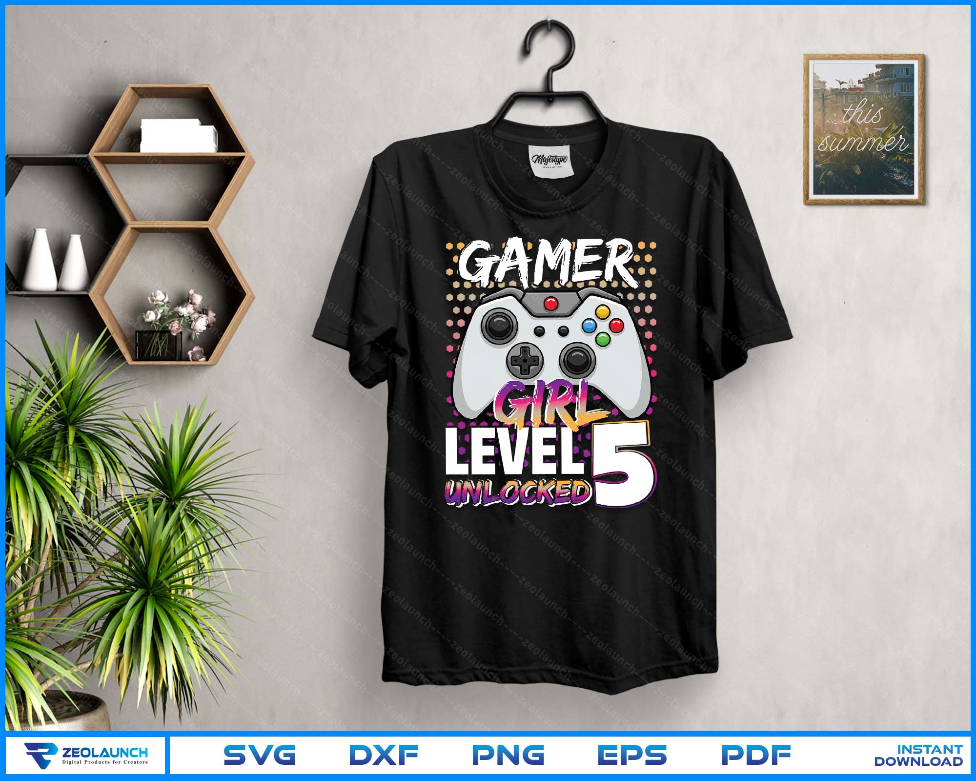Gamer Girl Level 5 Unlocked Video Game 5th Birthday Gift SVG PNG Digital Files alternate view