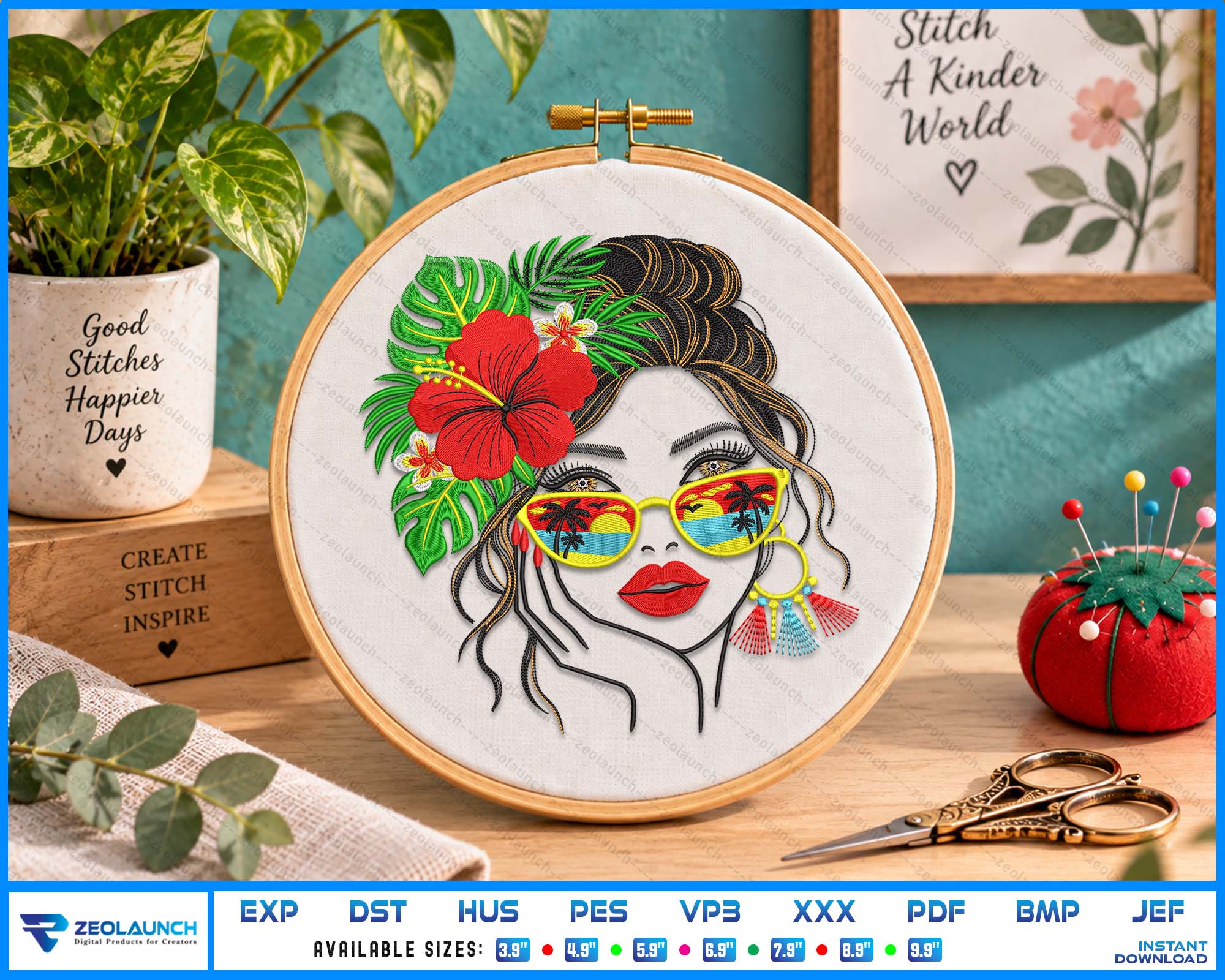 Tropical Woman Embroidery Summer Beach Sunglasses EMB DST Files alternate view